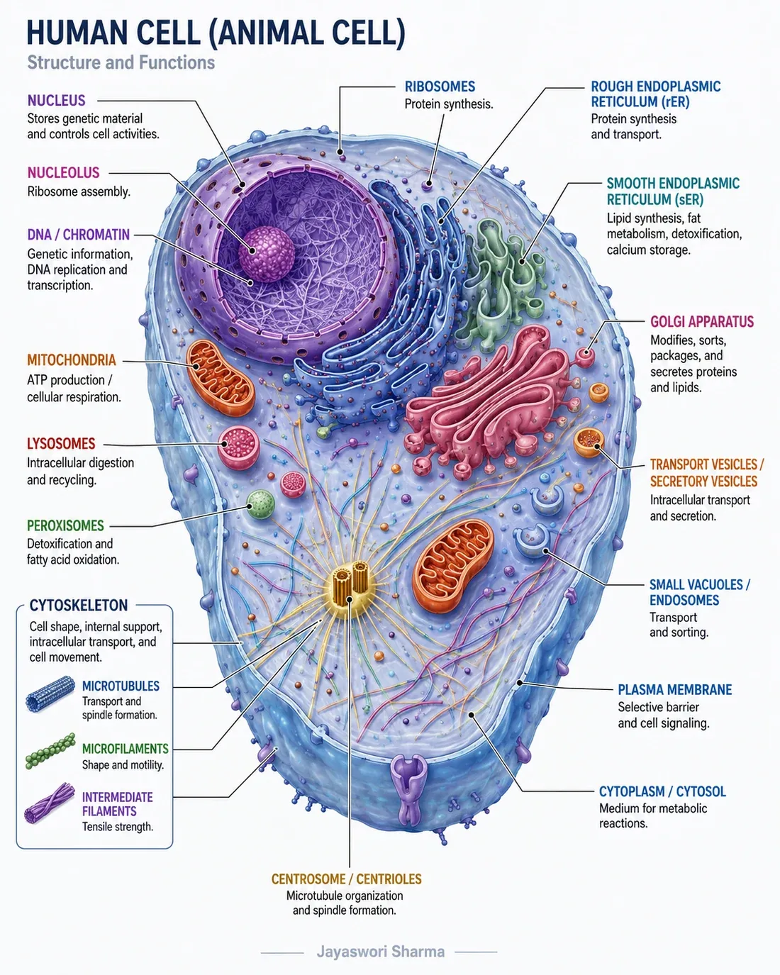 A labelled diagram of the cell as a working system, showing the plasma membrane, nucleus, mitochondria, endoplasmic reticulum, ribosomes, Golgi apparatus and cytoskeleton with their functions